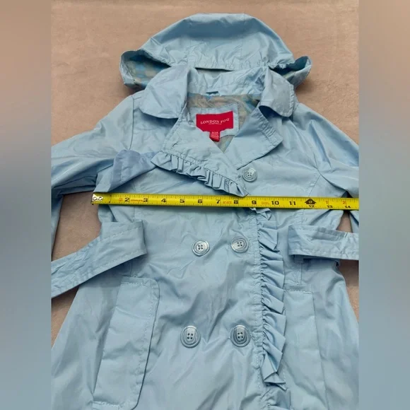 London Fog Girls Trench Coat 7-8 Small Blue Hooded Belted Lightweight Jacket - Picture 3 of 8